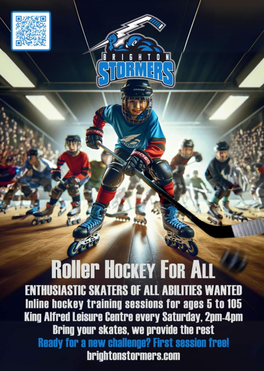 Brighton Stormers promotional poster for the Saturday club held at the King Alfred Centre in Brighton & Hove on Saturdays between 14:00 and 16:00